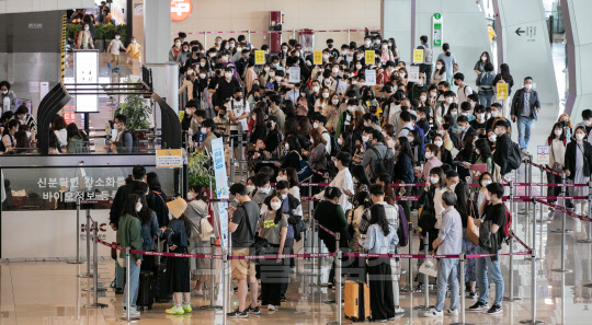지난달 대형항공사들은 화물수송량을, 저가항공사는 여객 수송량을 늘리며 항공업계가 불황 극복에 사활을 걸고 있다. 사진은 지난 19일 서울 김포공항에서 탑승수속을 밟고 있는 여객들의 모습. <디지털타임스 DB>